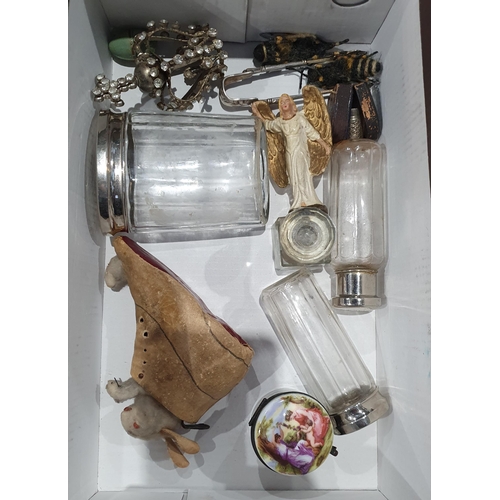 77 - A box of assorted items including Dressing Table Bottles, glass Jar with painted ceramic lid, Thimbl... 
