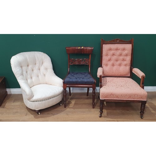 709 - An antique cream button upholstered Chair, a 19th Century dining Chair and a Victorian walnut framed... 