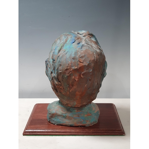 504 - A painted Bust of a Lady mounted on rectangular wooden plinth, 1ft High x 1ft Wide including the pli... 