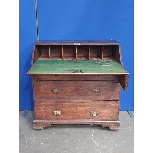 508 - An antique oak Bureau with fitted interior above three long drawers on bracket supports, 3ft 6in W, ... 