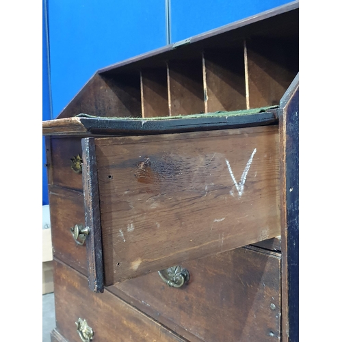 508 - An antique oak Bureau with fitted interior above three long drawers on bracket supports, 3ft 6in W, ... 