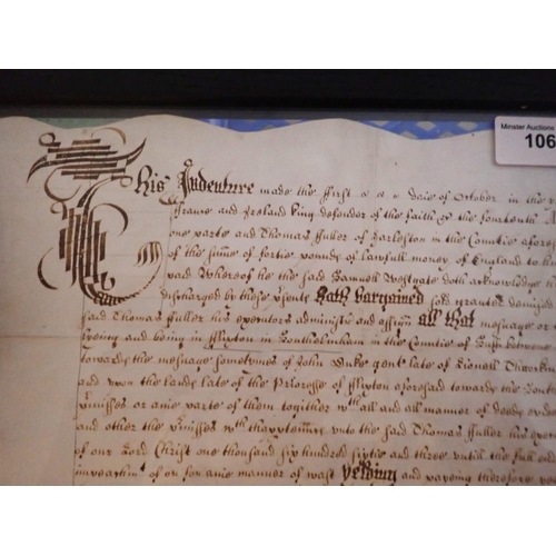 537 - A framed Indenture, dated 1662, Charles II, with seal, made between Samuel Westgate of Topecroft, an... 