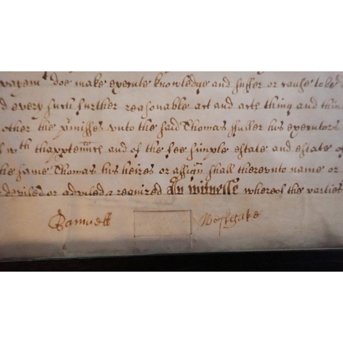 537 - A framed Indenture, dated 1662, Charles II, with seal, made between Samuel Westgate of Topecroft, an... 