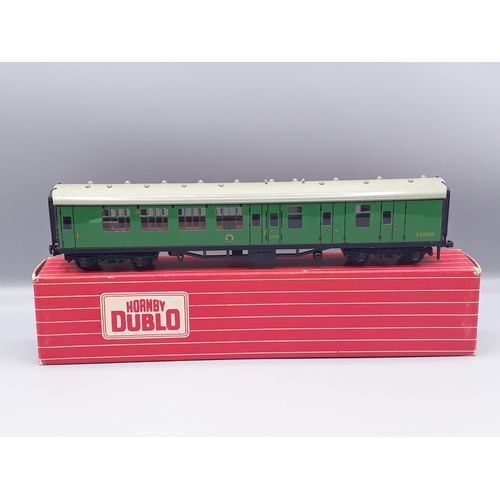 1005 - Two Hornby Dublo 4054 SR Corridor Coaches and one 4055 Brake/2nd SR Coach, all mint showing no signs... 