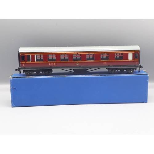 1014 - A rake of three Hornby Dublo D3 LMS Coaches with grey roofs, all in near mint-mint condition, boxes ... 