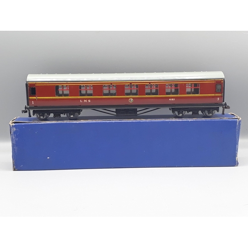 1014 - A rake of three Hornby Dublo D3 LMS Coaches with grey roofs, all in near mint-mint condition, boxes ... 