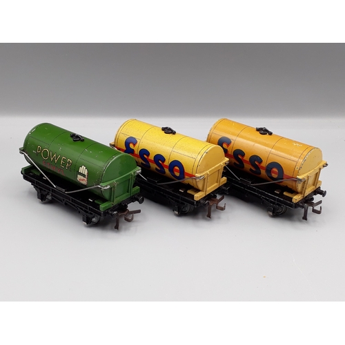 1069 - Three Hornby Dublo Tankers, 2x buff 'Esso' and 1x 'Power Ethyl', unboxed. Tankers generally in very ... 