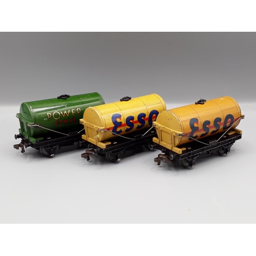 1069 - Three Hornby Dublo Tankers, 2x buff 'Esso' and 1x 'Power Ethyl', unboxed. Tankers generally in very ... 