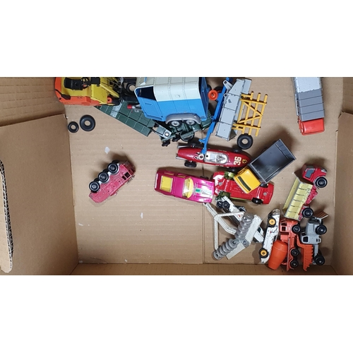 1231 - A box of play worn diecast models including Corgi Toys James Bond Aston Martin DB5, Dinky Toys Merse... 