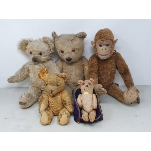 1349 - An old Merrythought mohair Teddy Bear, three other antique Teddy Bears and a Monkey