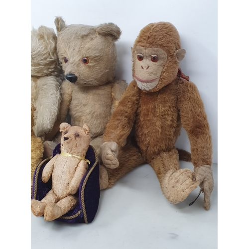 1349 - An old Merrythought mohair Teddy Bear, three other antique Teddy Bears and a Monkey