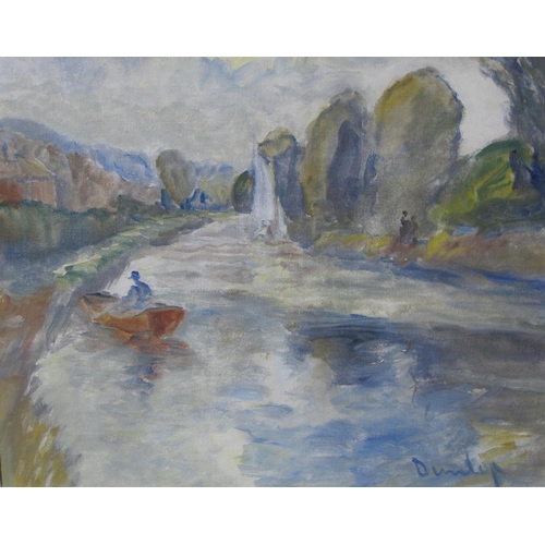 431 - RONALD OSSORY DUNLOP R.A. Boating on a river, said to be the Arun, signed , oil on canvas, 15 1/2 x ... 