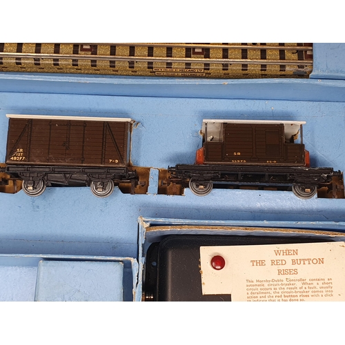 1009 - A very rare Hornby Dublo EDG7 SR olive Goods Set. Locomotive, open wagon and goods van in near mint ... 