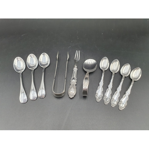 108 - Four sterling silver Coffee Spoons with ornate scroll stems, three Birks Coffee Spoons, Fork, Tongs ... 