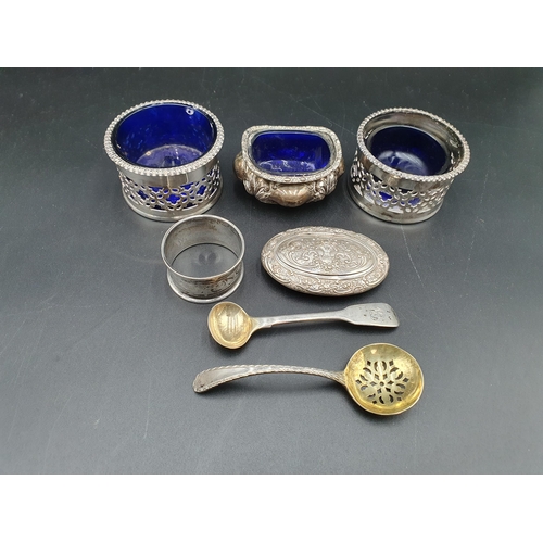 117 - A silver Salt, Spoon and Napkin Ring, continental silver oval Compact, pair of plated Salts and a Si... 