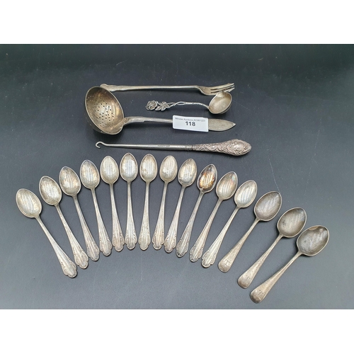 118 - One dozen Skandia Coffee Spoons, plated Sifting Ladle, Button Hook, Pickle Fork and three silver Tea... 