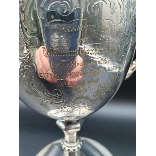 129 - A Victorian silver plated two handled Trophy originally presented by the City of London Chess Club, ... 