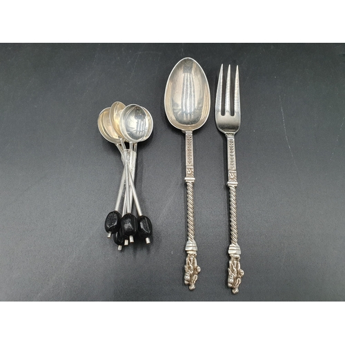 134 - A Victorian silver Spoon and Fork with spiral stem and apostle finial, Sheffield 1870, and six silve... 
