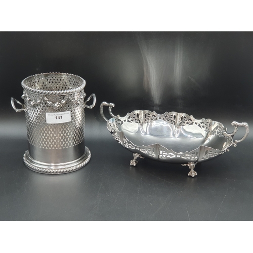 141 - A plated two handled Syphon Stand with swag frieze and gadroon rim, and a pierced oval two handled B... 