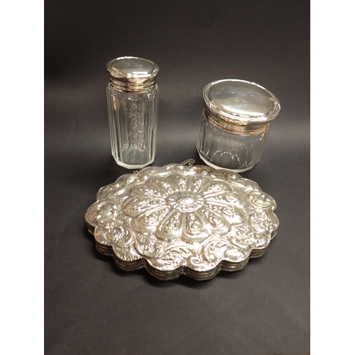 146 - Two silver lidded glass Dressing Table Jars and a Turkish silver Mirror