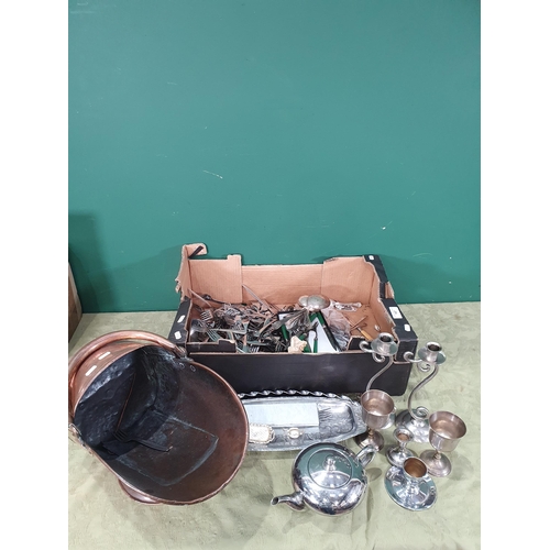 147 - A box containing a copper Coal Hod, Tea pot, Cutlery etc (R5)