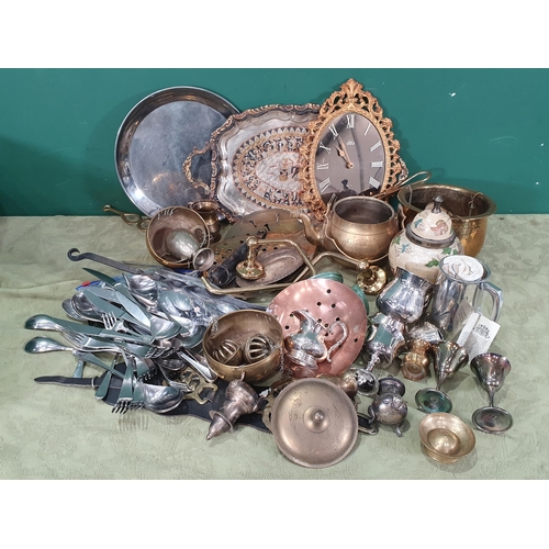 150 - A Box containing plated trays, Clock, brass Pots, Skimmer etc (R5)