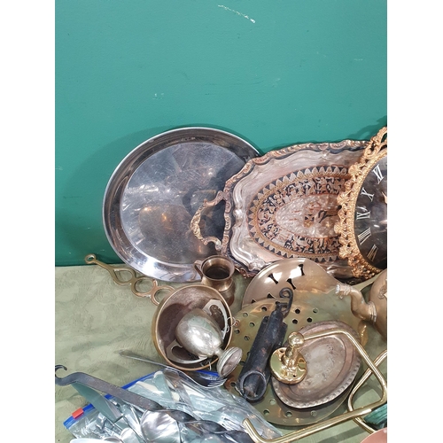 150 - A Box containing plated trays, Clock, brass Pots, Skimmer etc (R5)