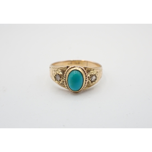 159 - A Turquoise and Diamond three stone Ring close-set oval turquoise cabochon between two rose-cut diam... 