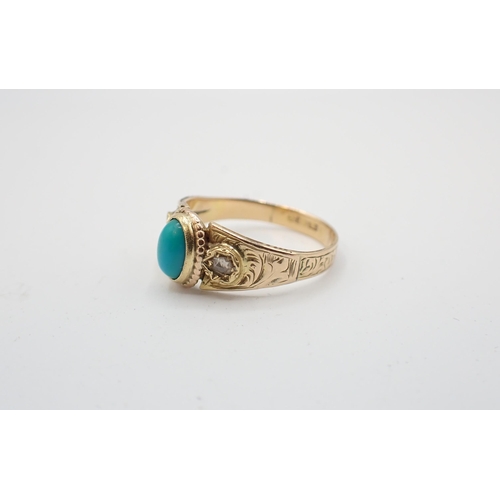 159 - A Turquoise and Diamond three stone Ring close-set oval turquoise cabochon between two rose-cut diam... 