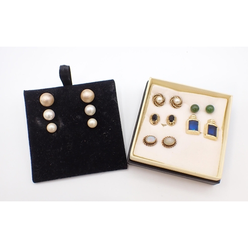 163 - A pair of Opal Ear Studs in 9ct gold, a pair of paste Ear Studs, a pair of Cultured Pearl Ear Studs ... 
