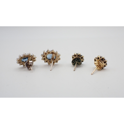 183 - A pair of Sapphire and Diamond Cluster Earrings and a pair of synthetic Spinel and CZ Cluster Earrin... 