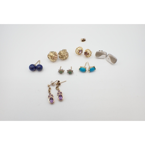 195 - A pair of 9ct gold Nugget effect Earrings, a pair of Turquoise Ear Studs, a pair of Lapis Lazuli Ear... 