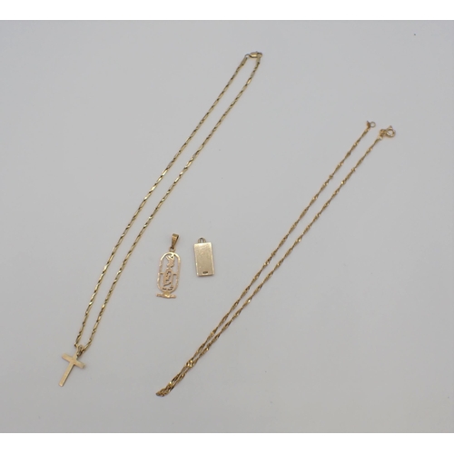 196 - Two 14ct gold Chains, approx 6.50gms and a 9ct gold Cross, Ingot Pendant and Egyptian Charm, approx ... 