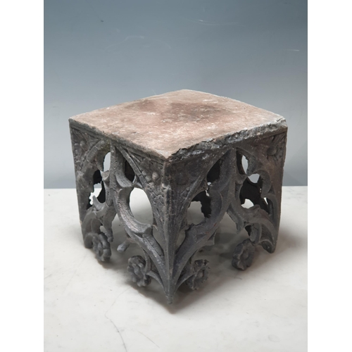 29 - A lead Stand with Gothic tracery designs, 8in square, (R9).