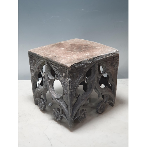 29 - A lead Stand with Gothic tracery designs, 8in square, (R9).