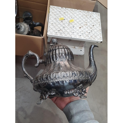 323 - A Pewter Coffee Set A/F, a plated Tea Pot, a two branch Wall Sconce, a set of Scales, a box of assor... 