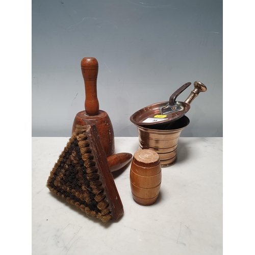 35 - A bell metal Pestle and Mortar, 3 1/2in H, a Carpenter's wooden hammer stamped W. Owen, a triangular... 