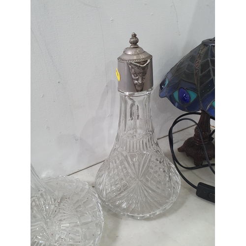 357 - A cut glass Decanter and Stopper, a cut glass Claret Jug with silver plated handle and spout, and a ... 