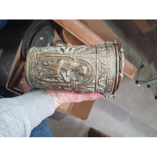 367 - A Box of Metalware including, five Pewter Plates, a carved oak Salt Box, a Pestle, two Treen Scoops,... 