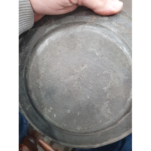 367 - A Box of Metalware including, five Pewter Plates, a carved oak Salt Box, a Pestle, two Treen Scoops,... 