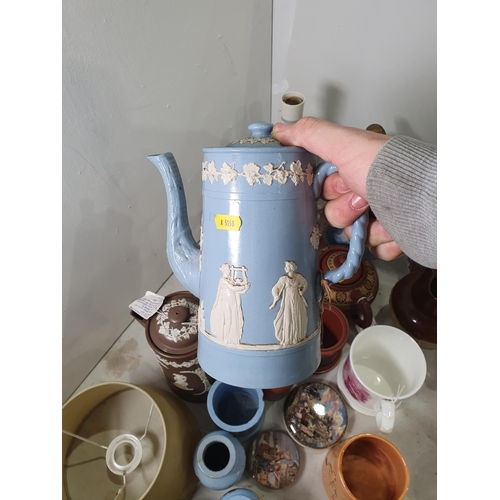 368 - A James T Dudson stoneware Coffee Pot, a Dudson Table Lamp, another Dudson Coffee Pot, a terra cotta... 