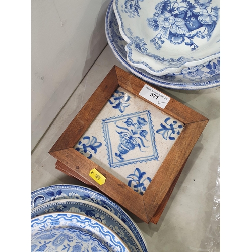 371 - Five pieces of 19th Century blue and white including Plates, a blue and white Muffin Dish and three ... 