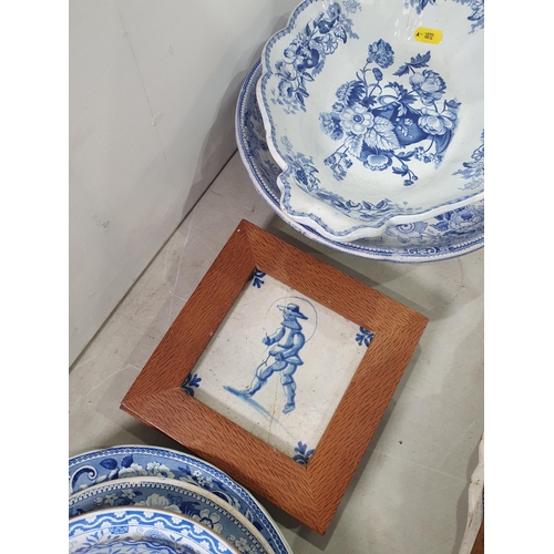 371 - Five pieces of 19th Century blue and white including Plates, a blue and white Muffin Dish and three ... 