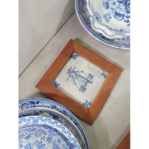 371 - Five pieces of 19th Century blue and white including Plates, a blue and white Muffin Dish and three ... 