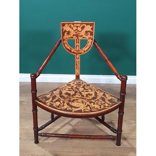 471 - An antique Sgraffito decorated walnut Corner Chair with faux bamboo turned supports and stretchers. ... 