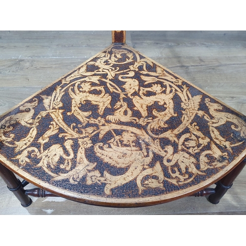 471 - An antique Sgraffito decorated walnut Corner Chair with faux bamboo turned supports and stretchers. ... 