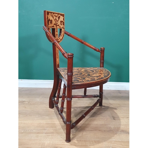 471 - An antique Sgraffito decorated walnut Corner Chair with faux bamboo turned supports and stretchers. ... 