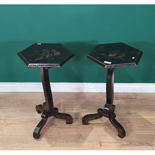 486 - A pair of black laquered Chinoiserie hexagonal topped Occasional Tables on shaped supports and tripo... 