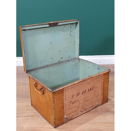 496 - A painted metal Deeds Box with pair of carry handles, bearing paper label for 