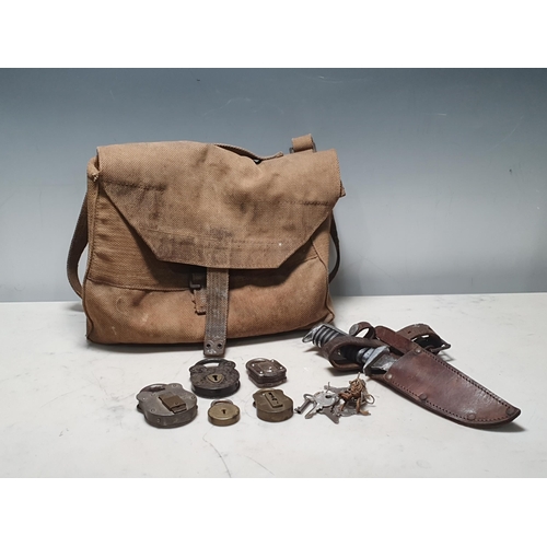 50 - A canvas military Bag, a German Knife stamped 'ERN Wald-Solingen' and assorted Padlocks (R8)